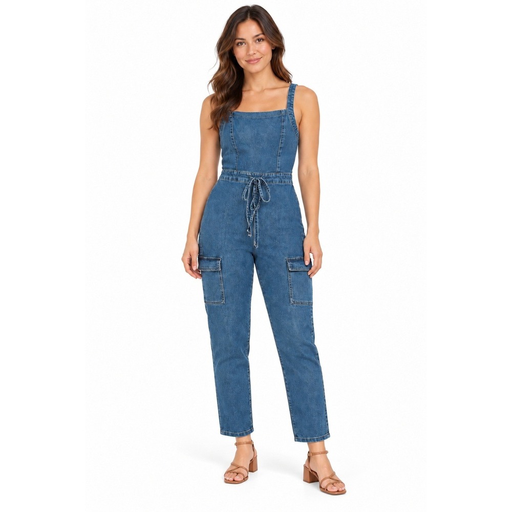 Tinsel Town Womens NWT Small Denim Cargo Jumpsuit Dark Wash Utility Streetwear